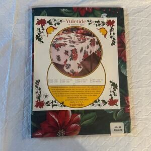 NOS Sealed Vintage Christmas Vinyl Tablecloth Square 52" x 52" Poinsettia Holly